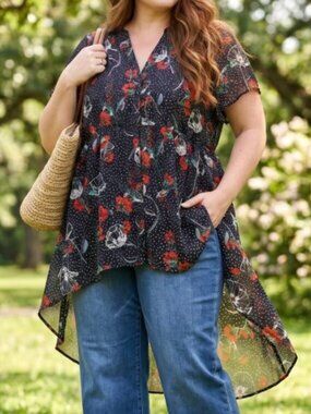 In Every Story Floral Chiffon Dress Size 2X Black Red Ruffle Sleeve Hi Low Plus